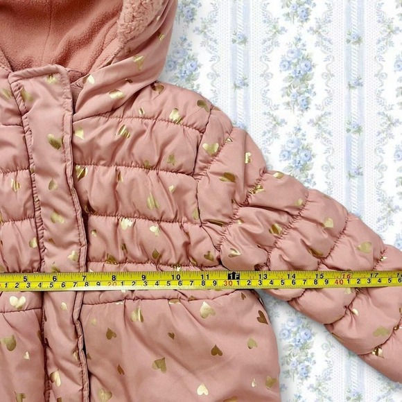 Wippette Kids Pink Puffer Coat Shiny Gold Hearts Faux Fur Lined Hood Toddlers - Picture 3 of 5